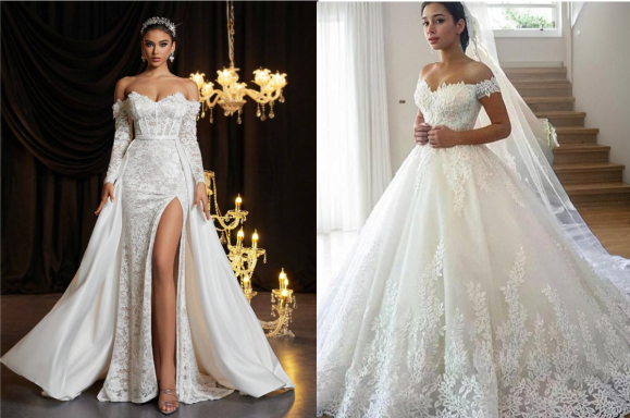 Two elegant bridal gowns: one fitted with a thigh-high slit, the other a classic ball gown.